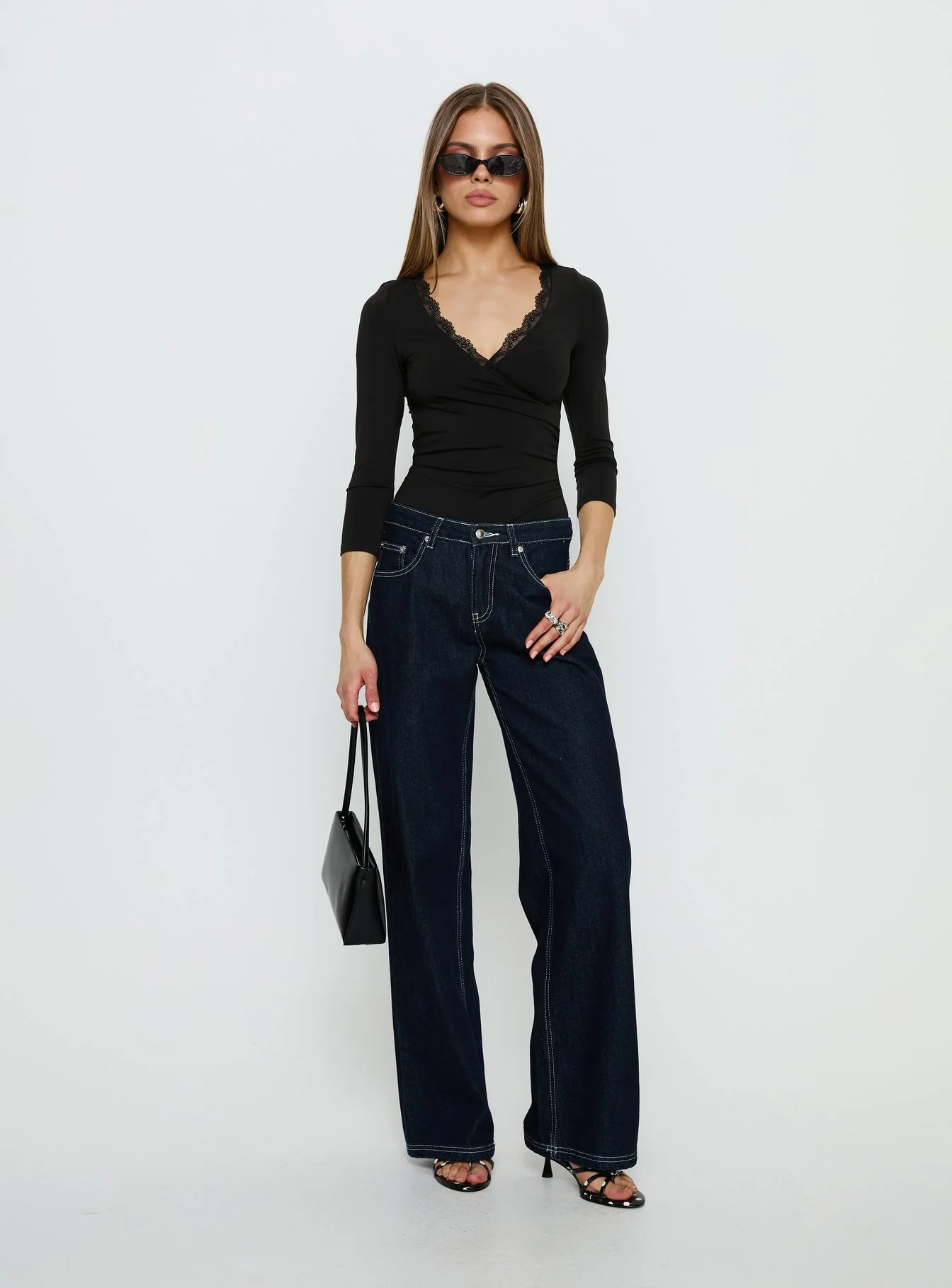 Lyselle Wrap Detail 3/4 Sleeve Bodysuit Black