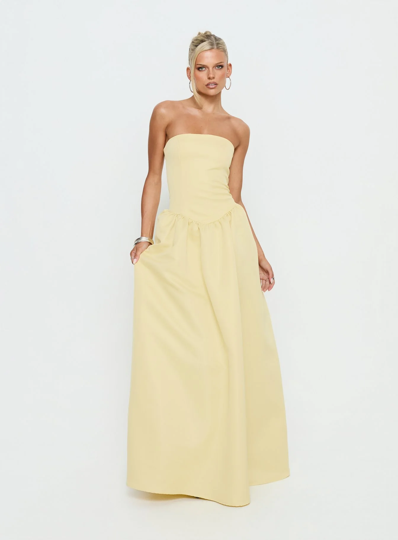 Soft Bloom Drop Waist Strapless Maxi Dress Yellow
