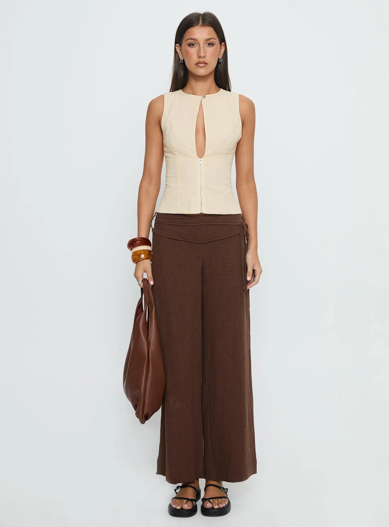 Silver Moon Linen Blend Tie Pants Brown Petite