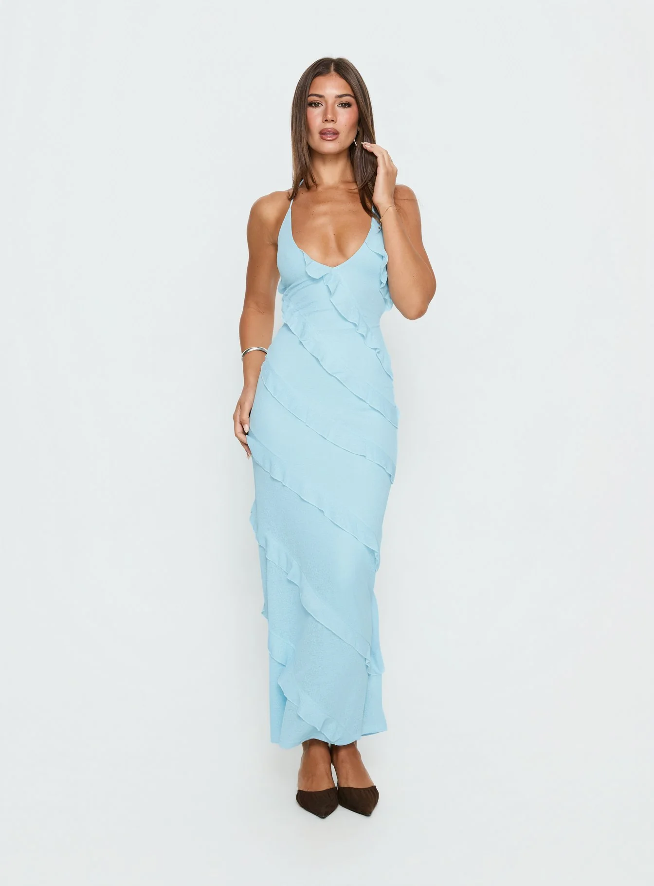 Adesta Frill Halter Maxi Dress Blue