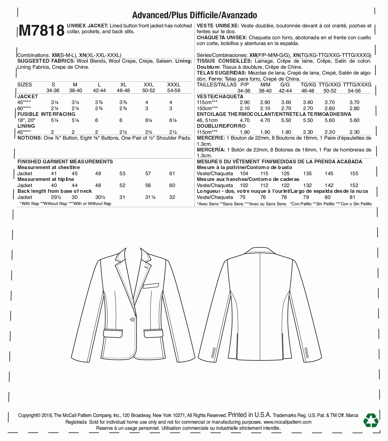 McCall's Pattern M7818 Unisex Jacket