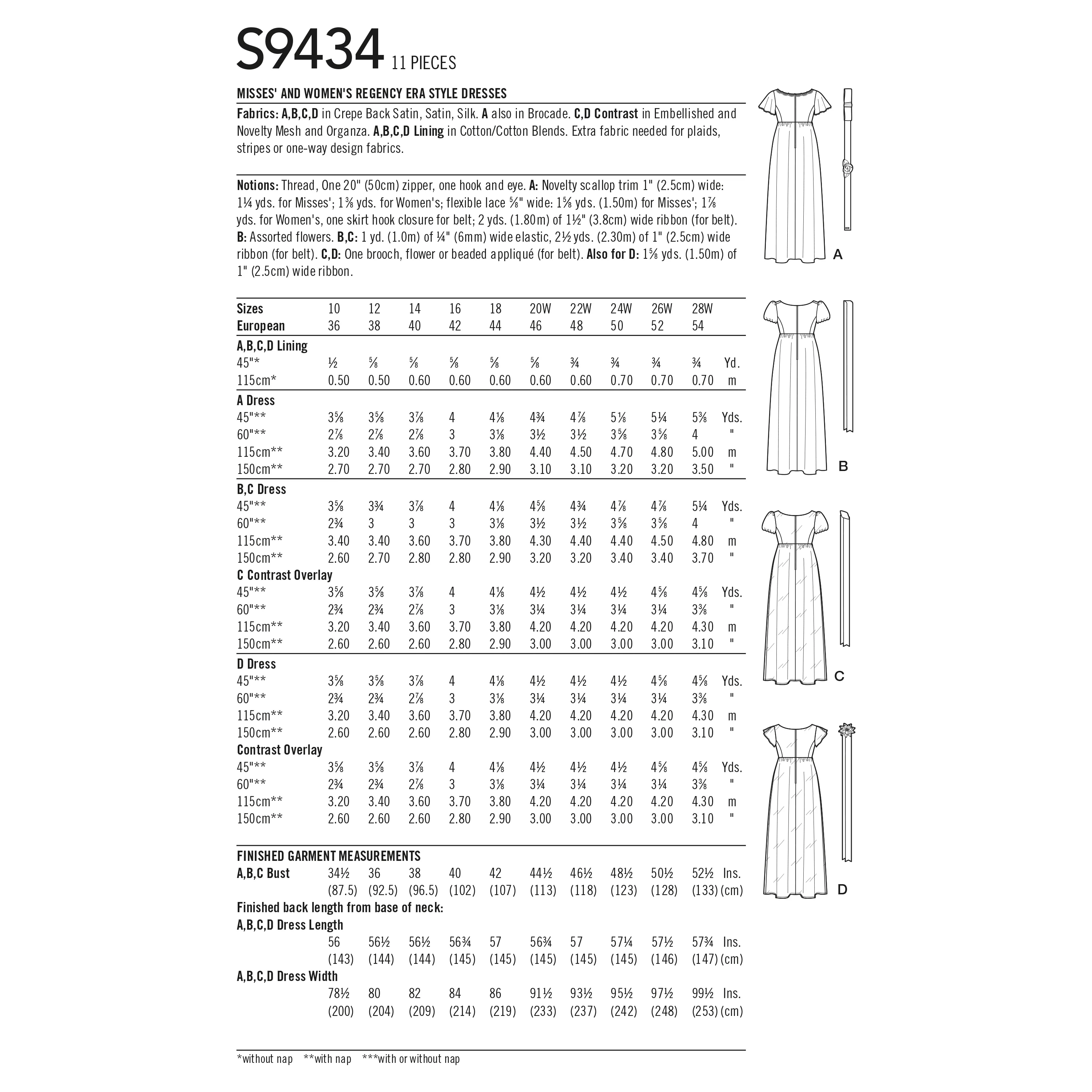 Simplicity Pattern S9434 Misses' and Women's Regency Era Style Dresses