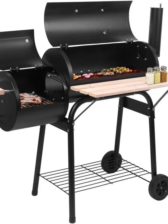 Solidny grill węglowy i wędzarnia zewnętrzna z termometrem i kółkami, idealny na kemping i do ogrodu – podwójna konstrukcja szklarni