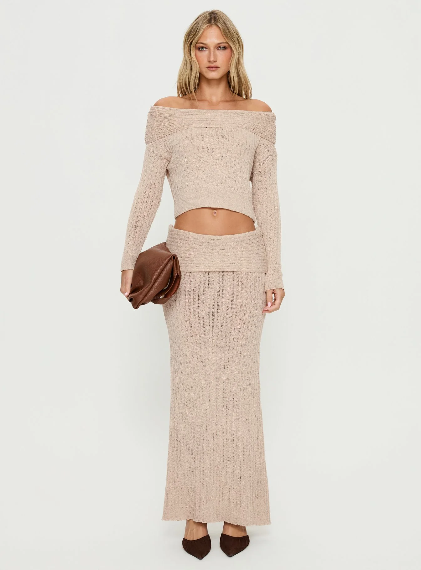 Devion Foldover Waist Maxi Skirt Beige