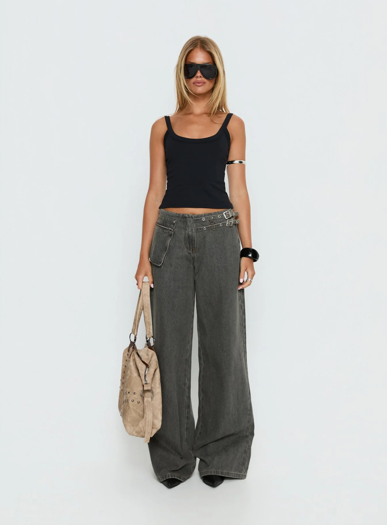 Paltrow Mid Rise Wide Leg Cargo Jeans Washed Grey