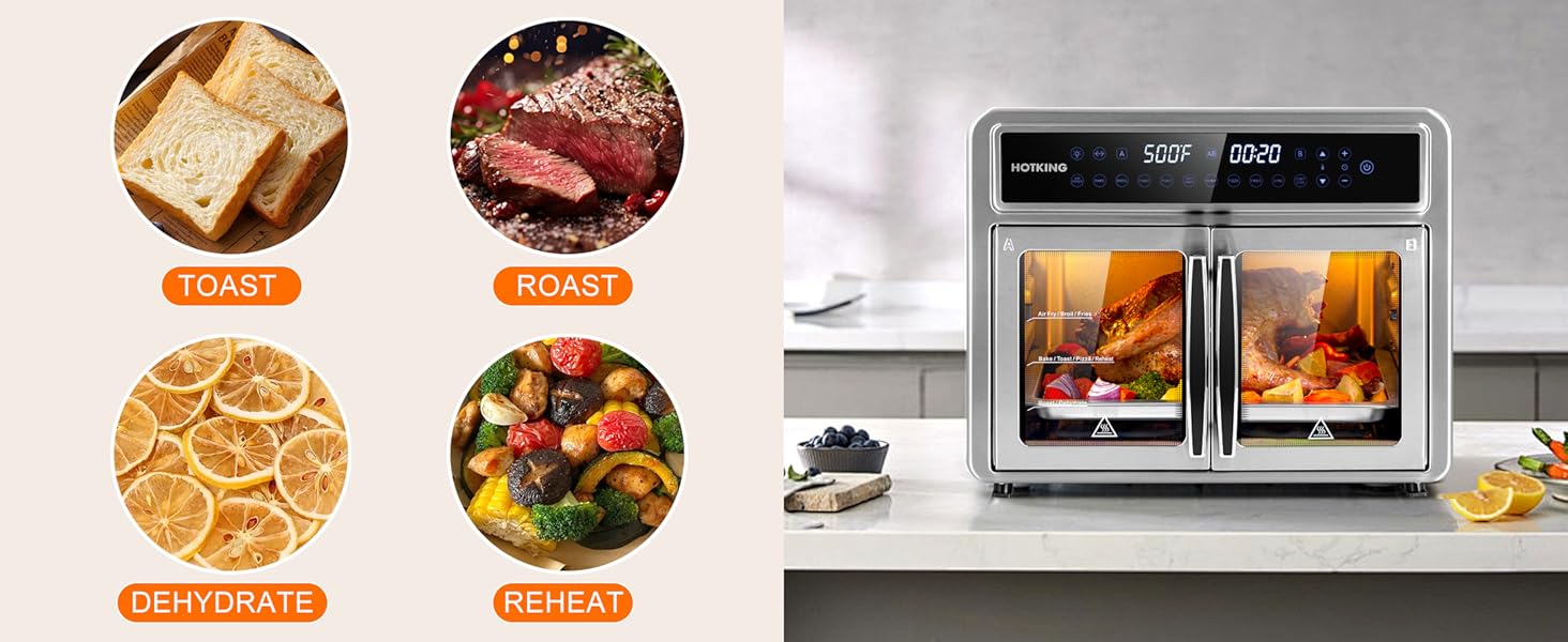 10-in-1 Versatility — air fry. bake. broil. toast. roast. dehydrate. reheat. pizza. fries. rotisserie