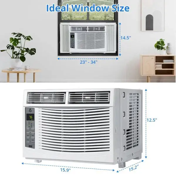 Kompaktowa klimatyzacja okienna o mocy 6000 BTU ze zmywalnym filtrem i łatwym w obsłudze interfejsem, idealna do małych sypialni lub biur (ok. 23 m²).