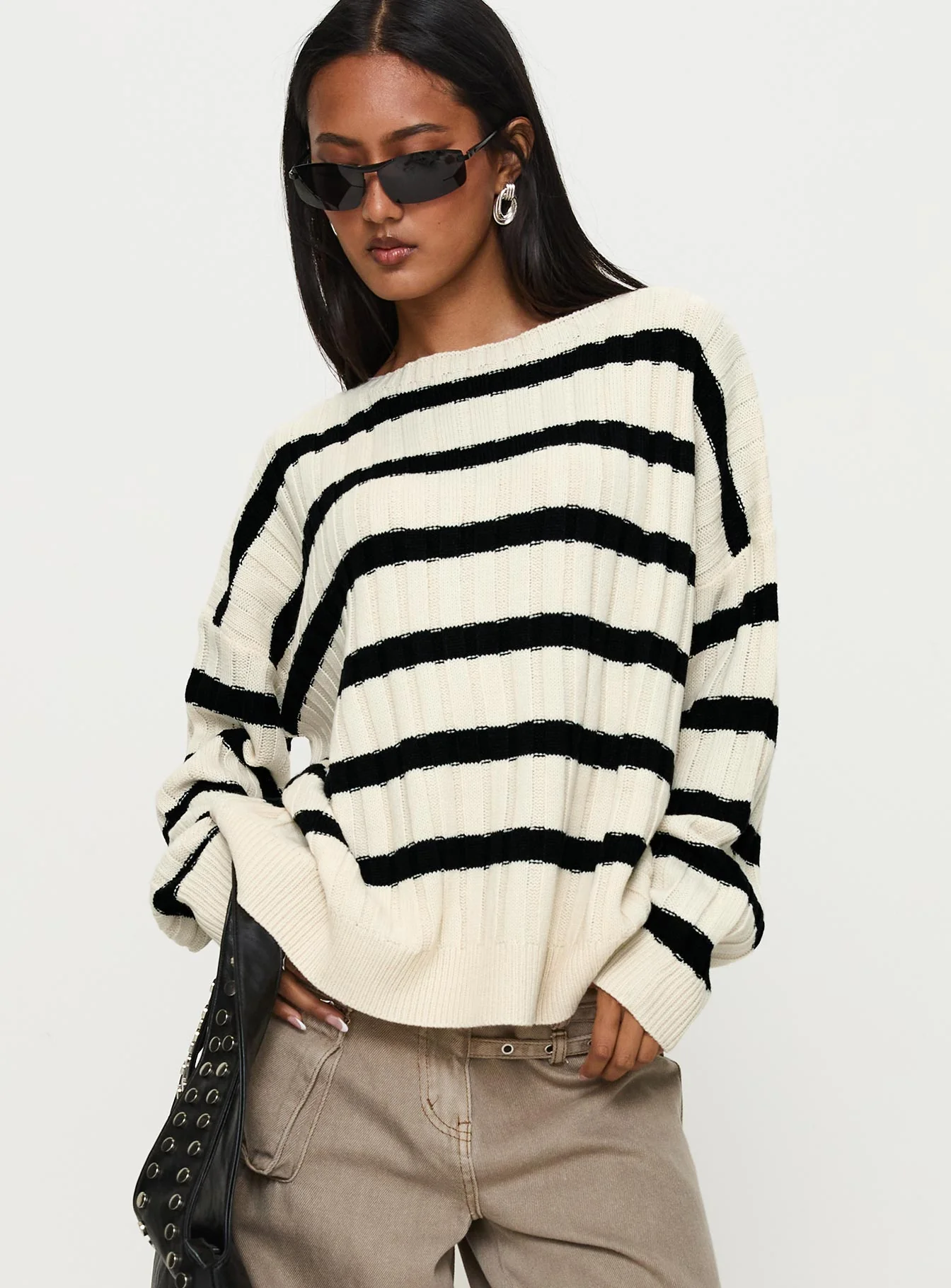 Elenita Wide Neck Knit Sweater Black / White