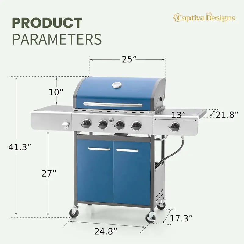 Grill gazowy propanowy Captiva – 42 000 BTU, stal nierdzewna z palnikiem bocznym i rusztem z żeliwa emaliowanego