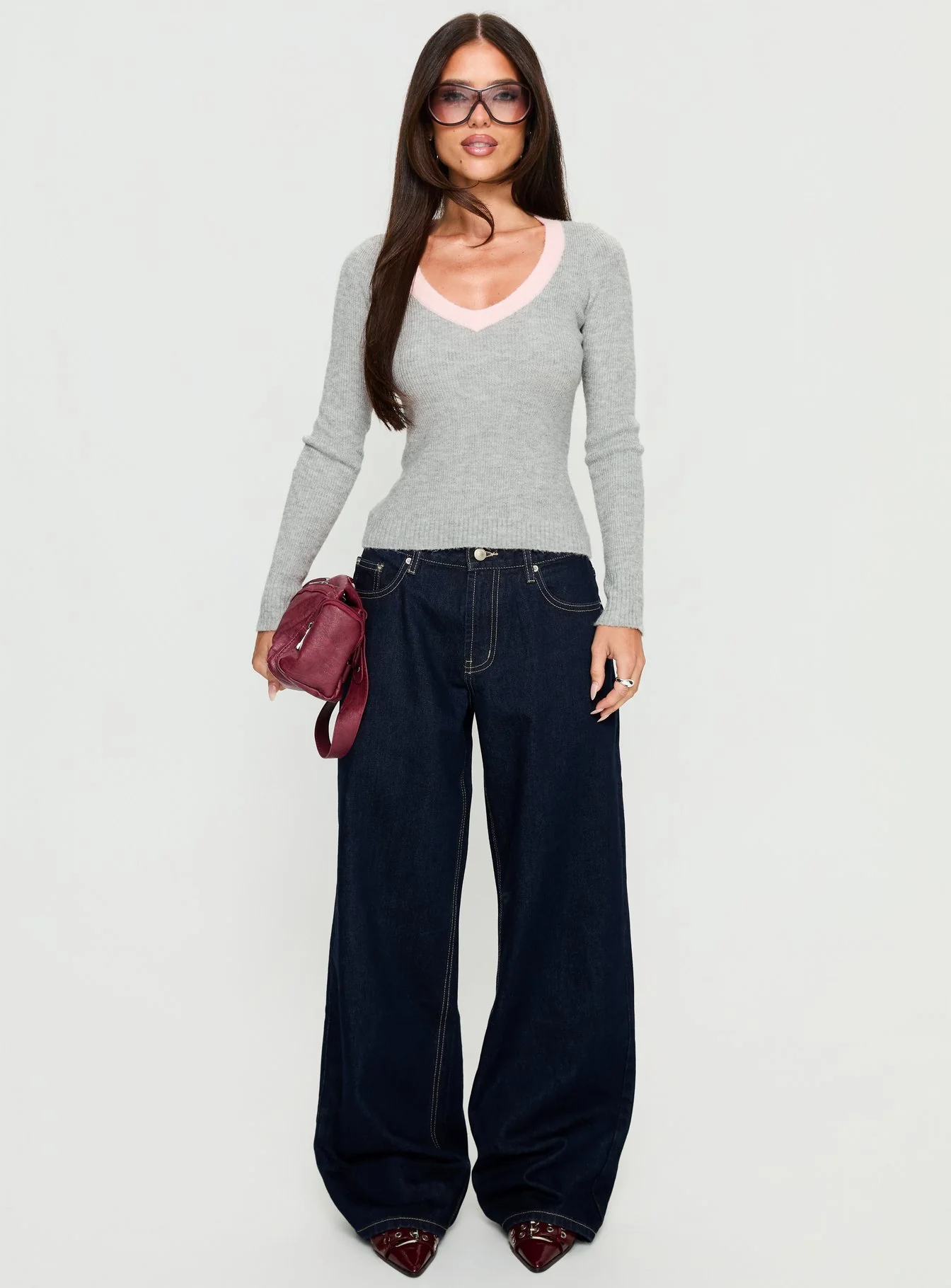 Vanita V Neck Long Sleeve Top Grey / Pink