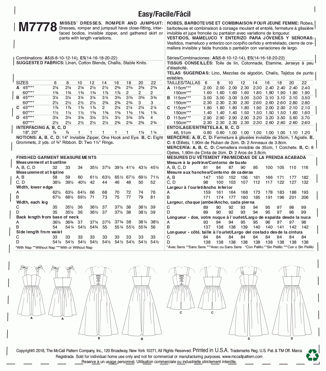 McCall's Pattern M7778 Misses' Dresses, Romper and Jumpsuit