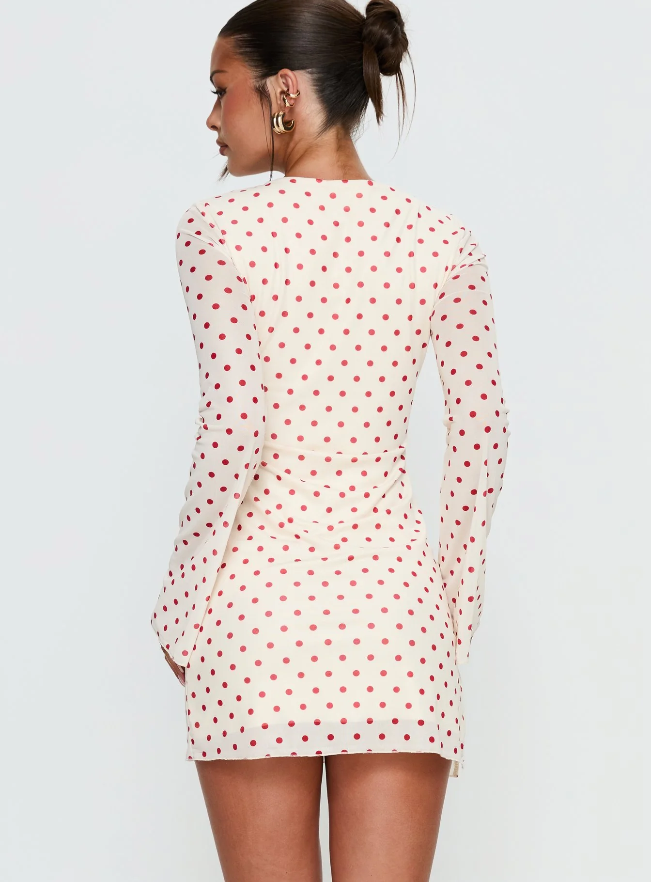 Nyxia Long Sleeve Mini Dress Cream / Red Polka