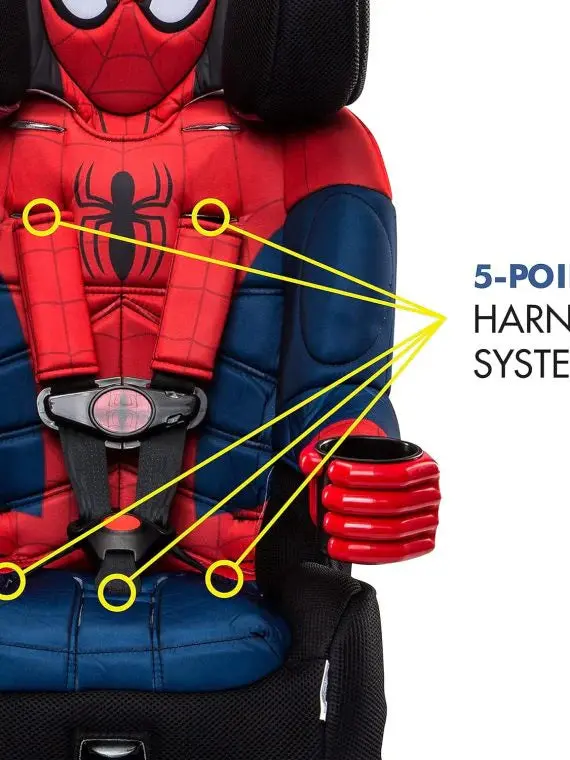 Fotelik samochodowy KidsEmbrace Spider-Man 2 w 1 – kompatybilny z systemem LATCH, z 5-punktowymi pasami bezpieczeństwa i trybem prowadzenia pasa