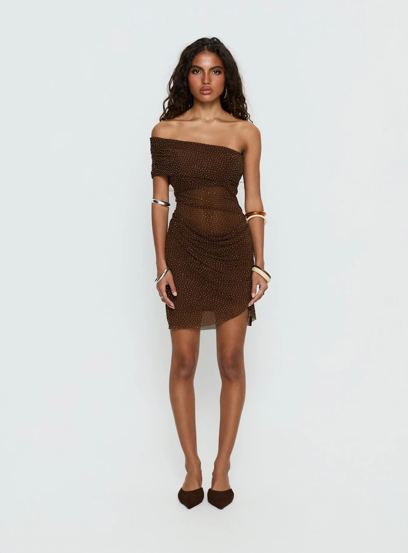 Adriessa One Shoulder Sheer Mini Dress Dark Brown Shimmer