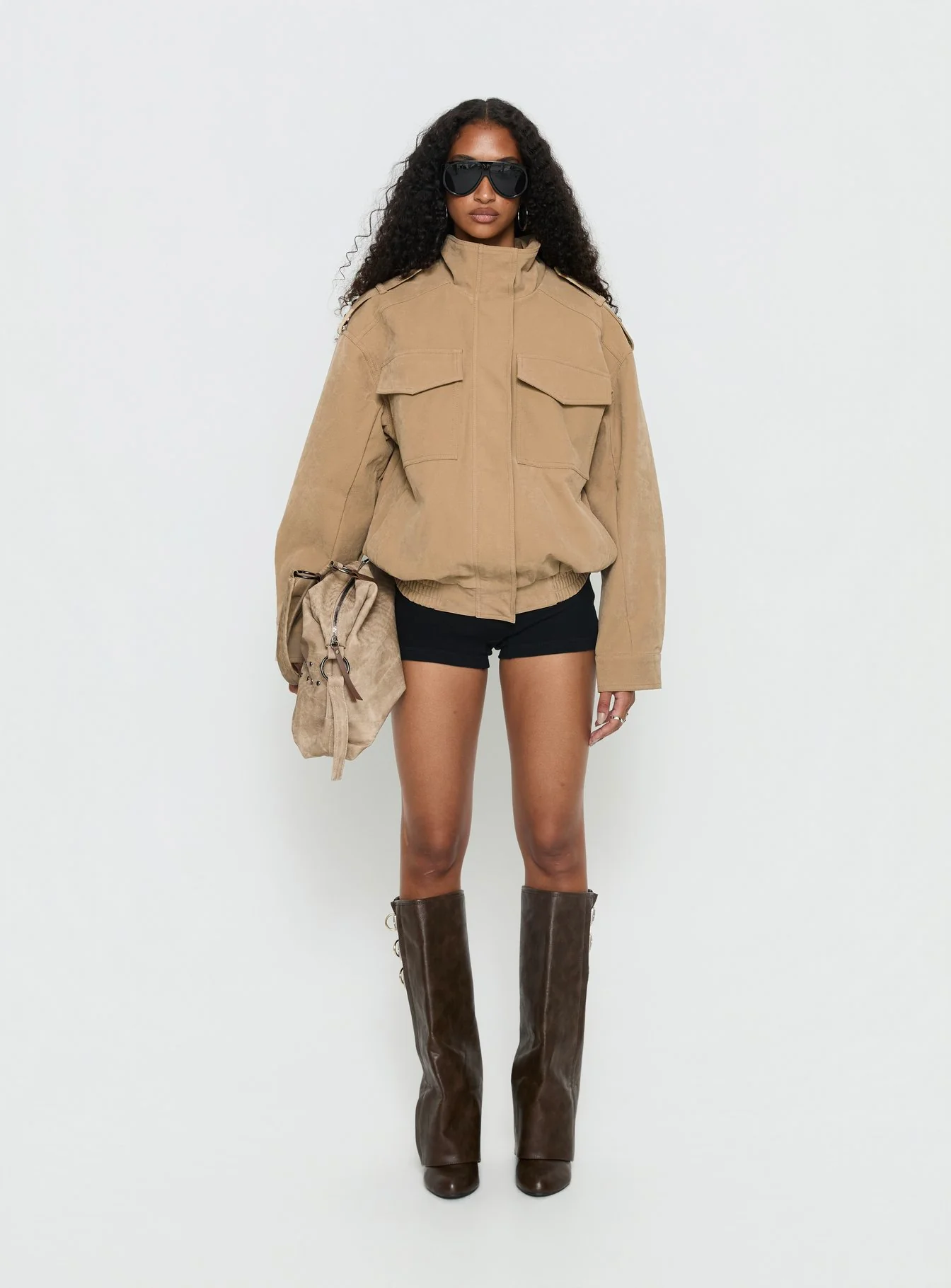 Double Life Funnel Neck Cargo Jacket Beige