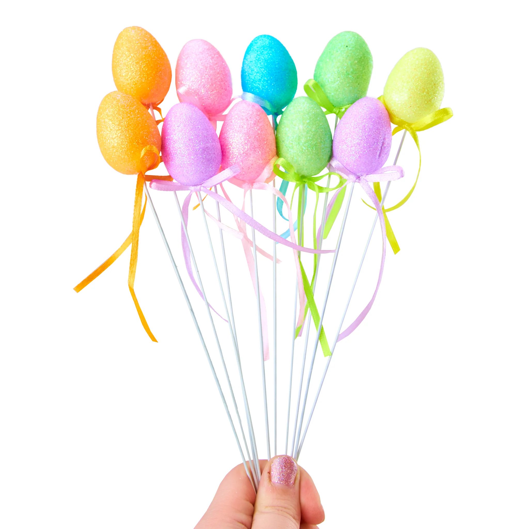 Easter Polystyrene Egg on Pick with Glitter 10pc- 26cm (Egg- 4cmx2.5cm)
