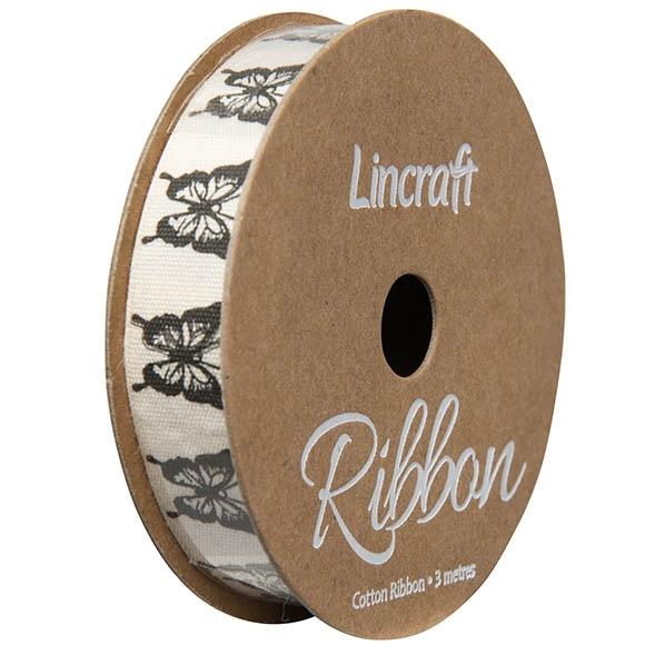 Cotton Ribbon, Butterfly Black- 15mm x 3m
