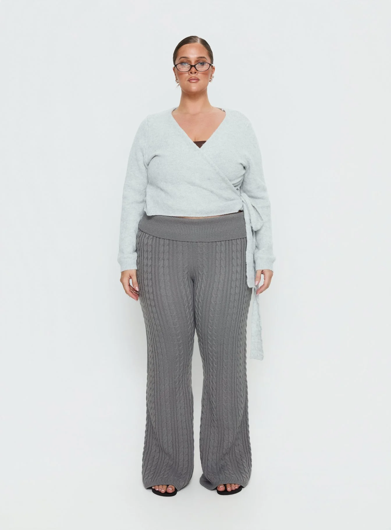 Baleigh Cable Knit Foldover Pants Grey Curve