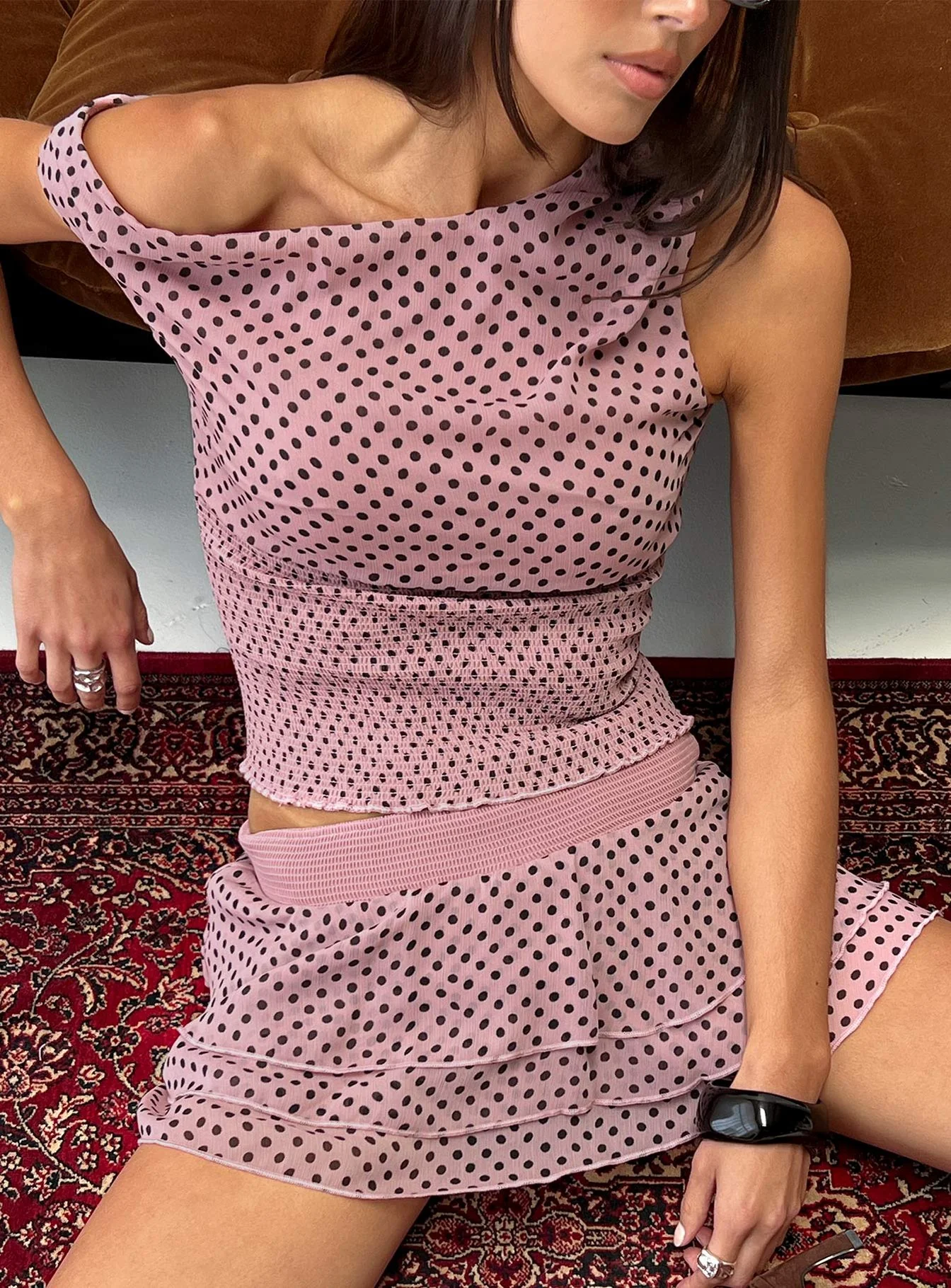 Ready To Party Off Shoulder Top Pink / Black Polka