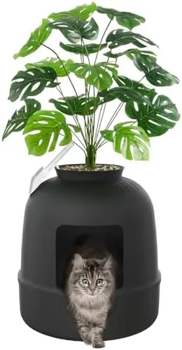 Kuweta dla kota Lifewit Hidden Cat Litter Box ze sztuczną rośliną i łopatką | Kontrola zapachu i filtr węglowy | Czarny | Nadaje się do salonu/łazienki