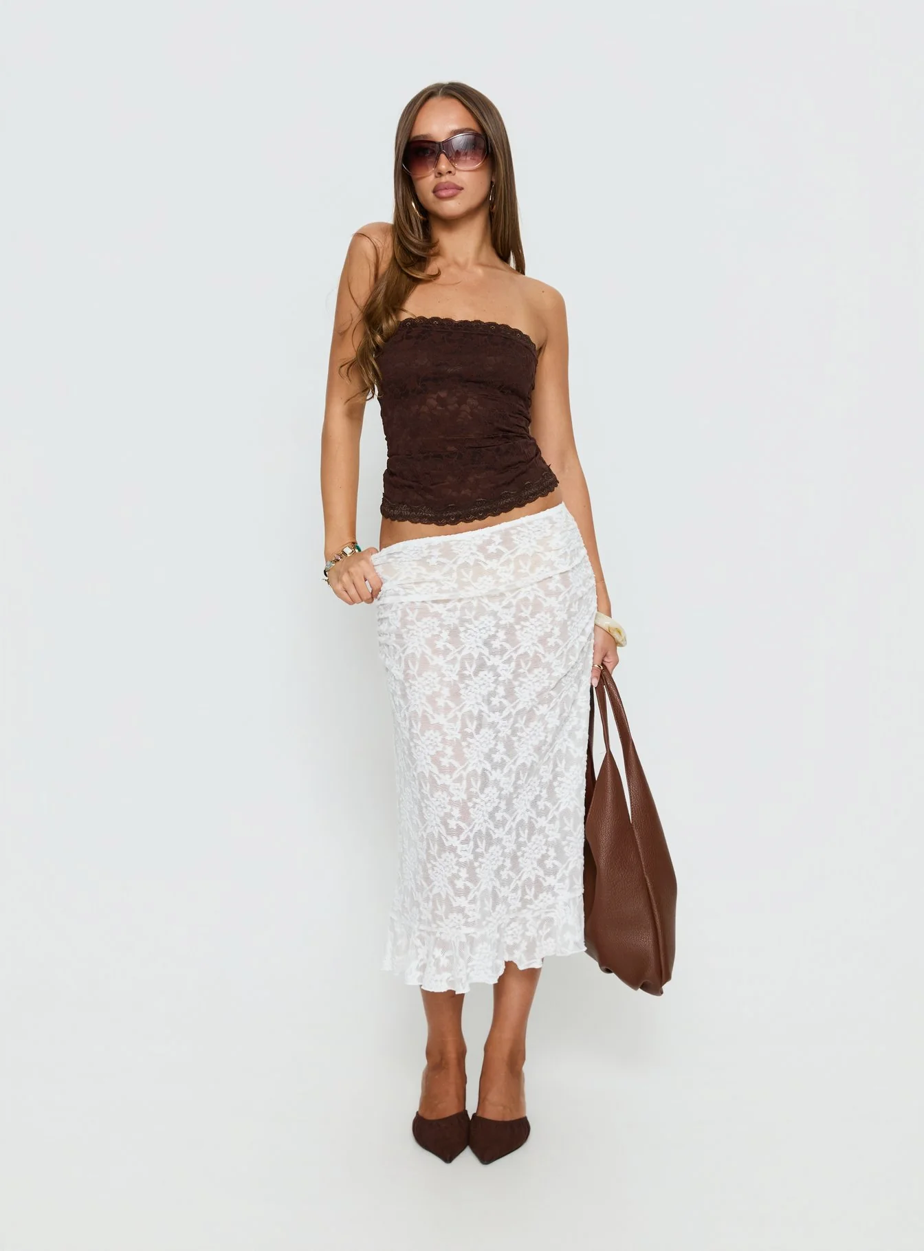 Toscani Lace Frill Midi Skirt White