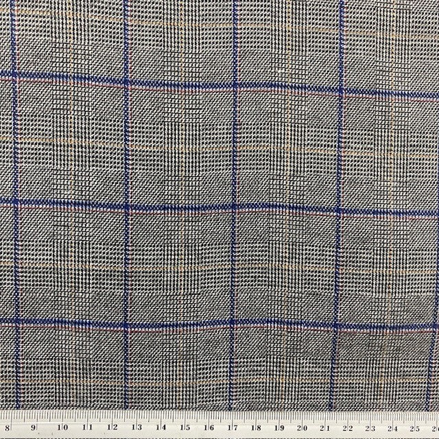 Check Suiting Fabric, Black Grey Check With Blue Line Check- 150cm