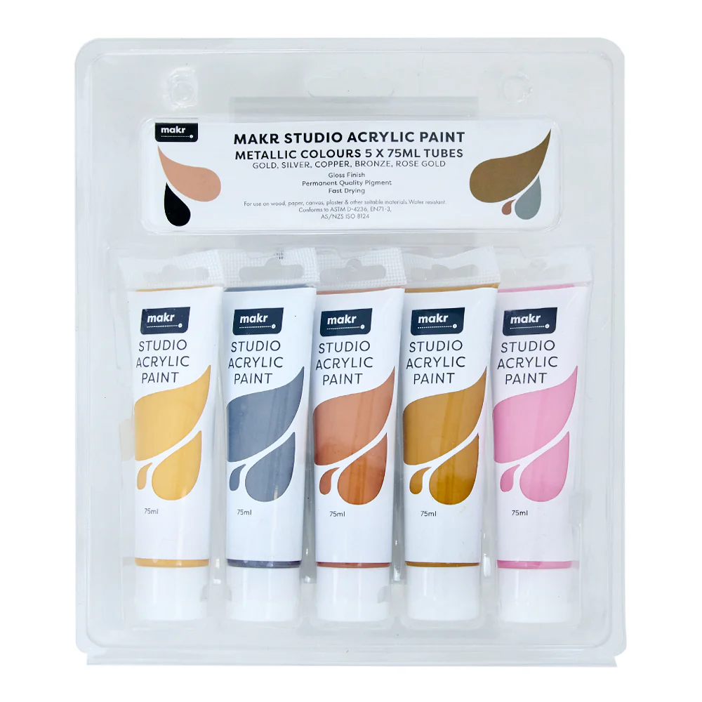 Makr Studio Acrylic Paint Tube Pack, Metallic Colours- 5x75ml