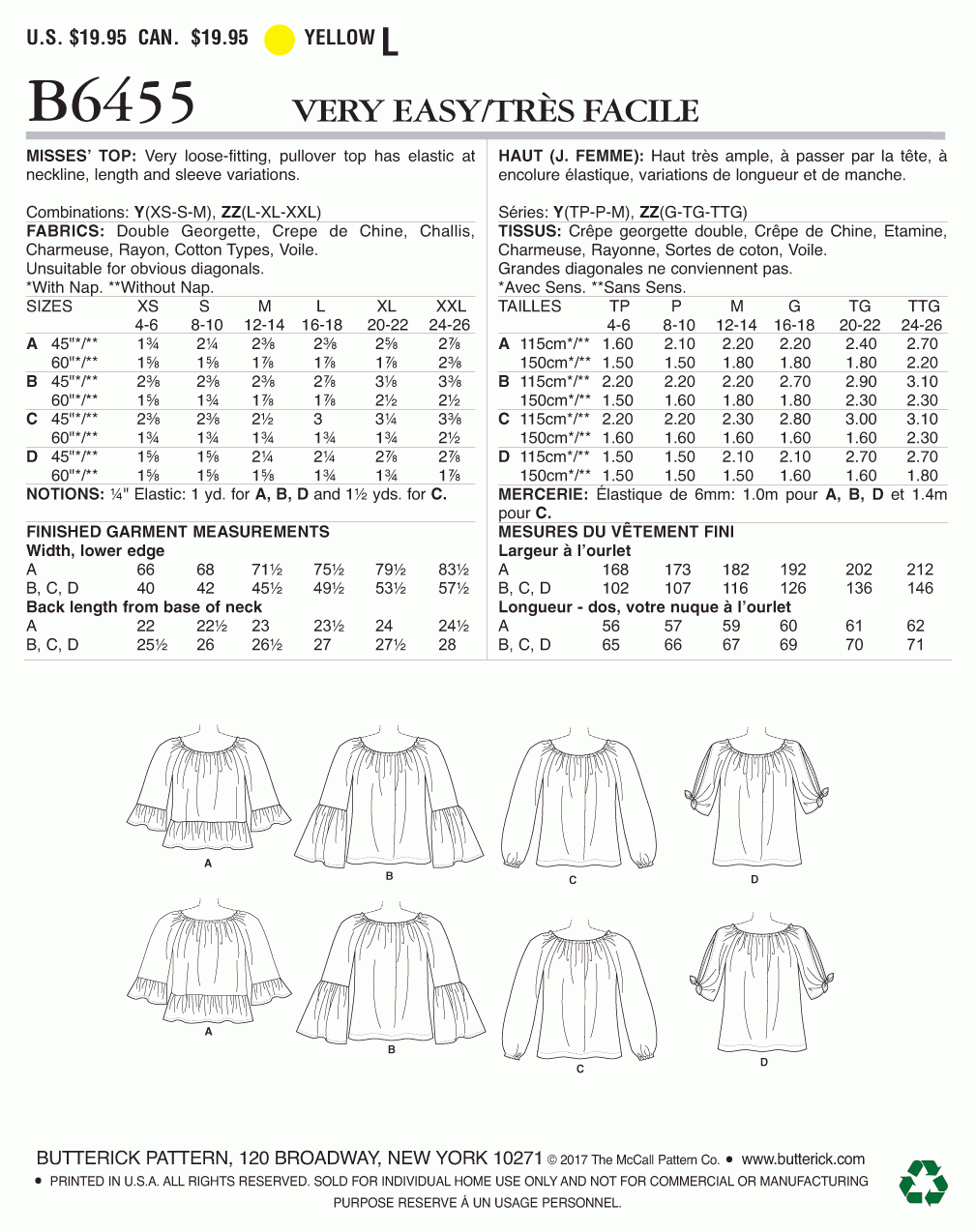 Butterick Pattern B6455 Misses' Gathered, Raglan Sleeve Tops