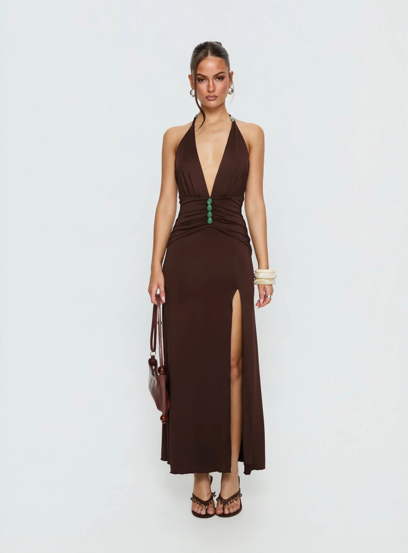 Sasami Halter Plunge Maxi Dress Chocolate