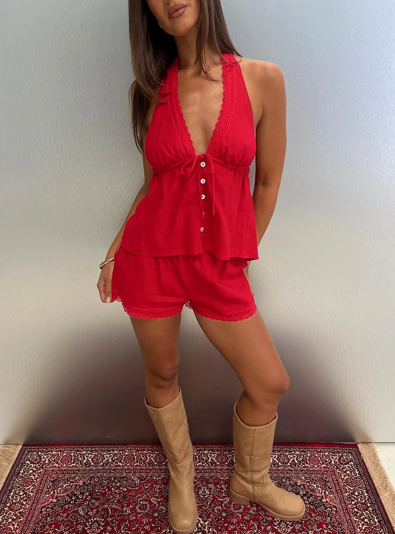 Cloud Crush Linen Halter Top Red