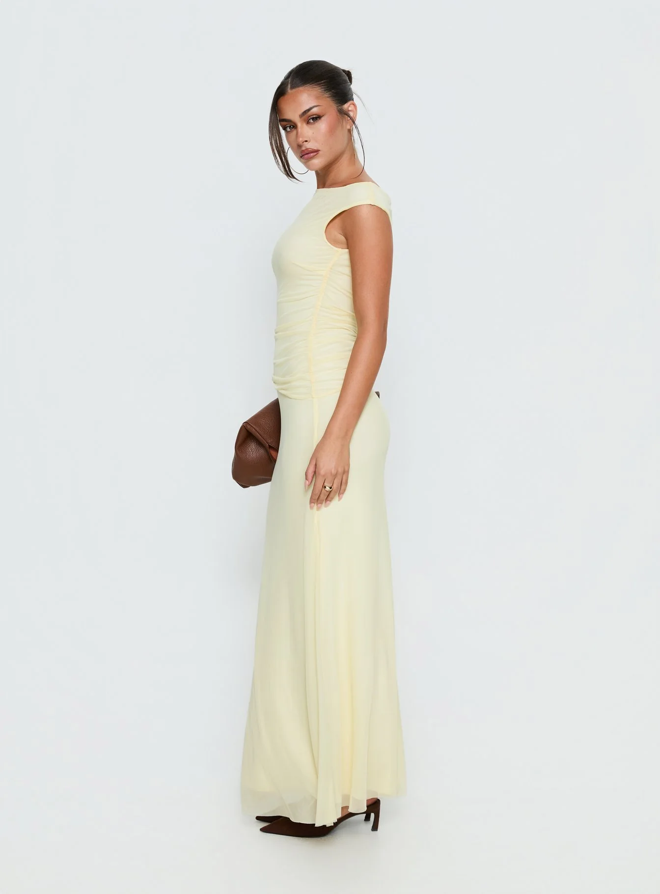 Krystyna Off Shoulder Ruched Mesh Maxi Dress Butter