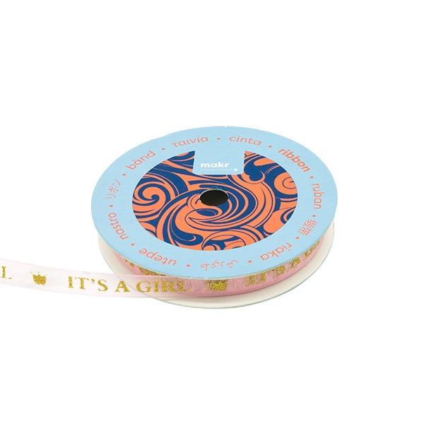 Makr Ribbon, Glitter Gold It's A Girl Pink Organza- 9mm