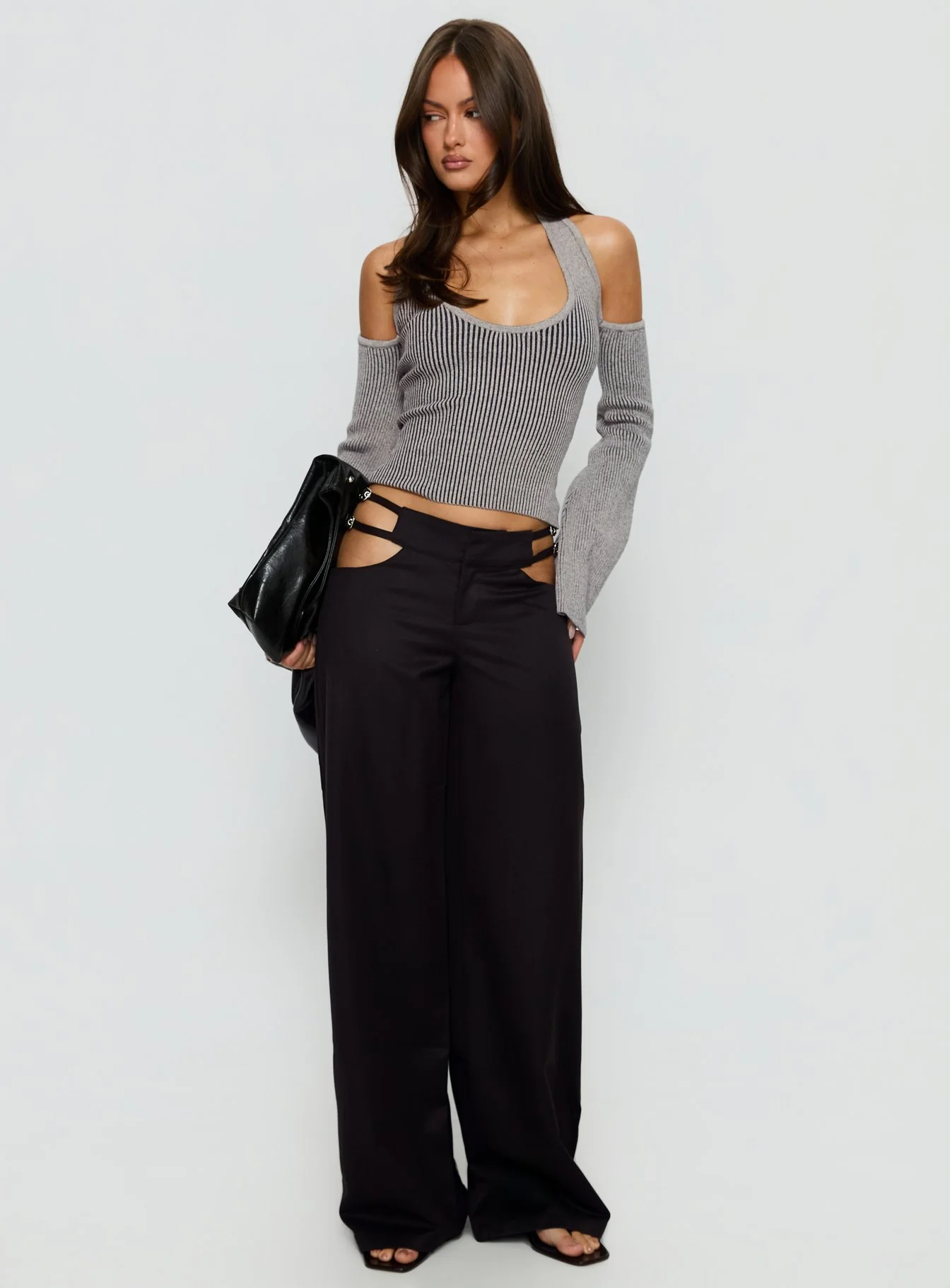 Venicia Belt Detail Suiting Pant Black Pinstripe