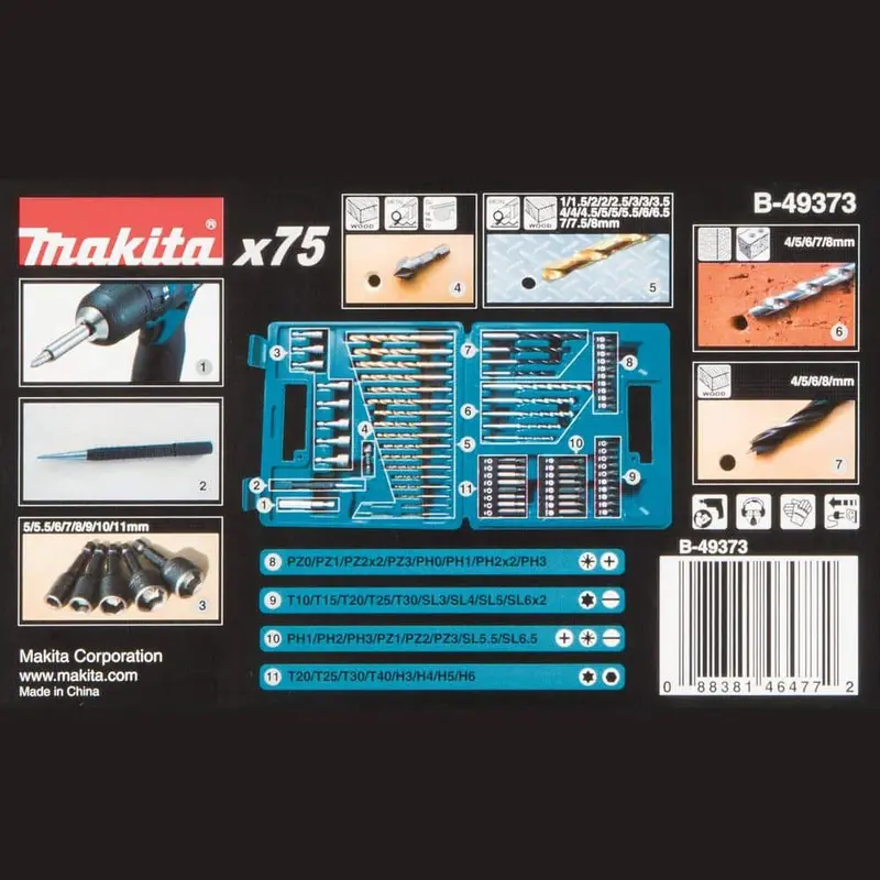 Zestaw wierteł i bitów wkrętakowych Makita do metalu, drewna i muru, trzpień prosty, system metryczny (75 sztuk) B-49373