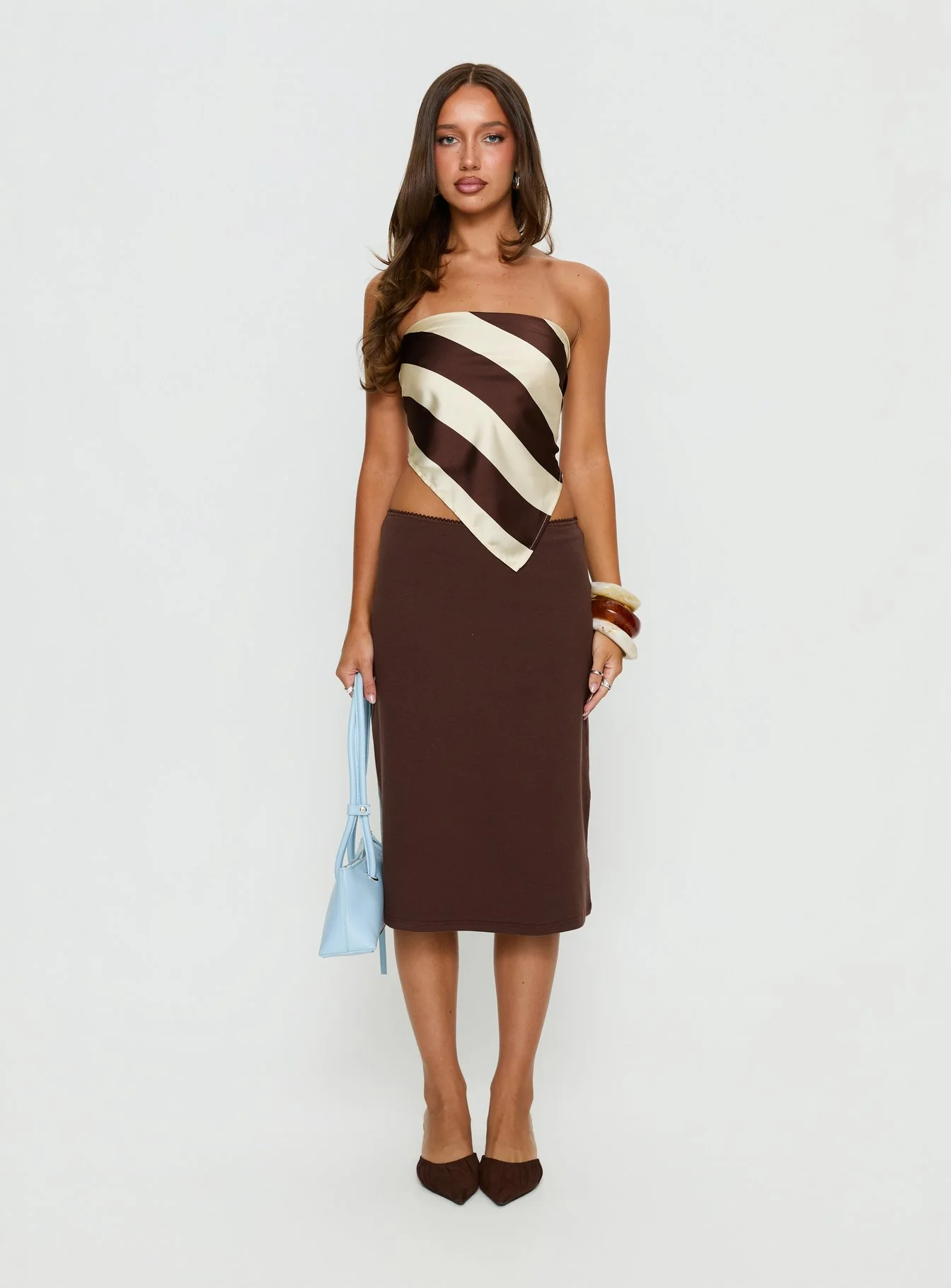 Lailana Tie Back Strapless Scarf Top Brown Stripe