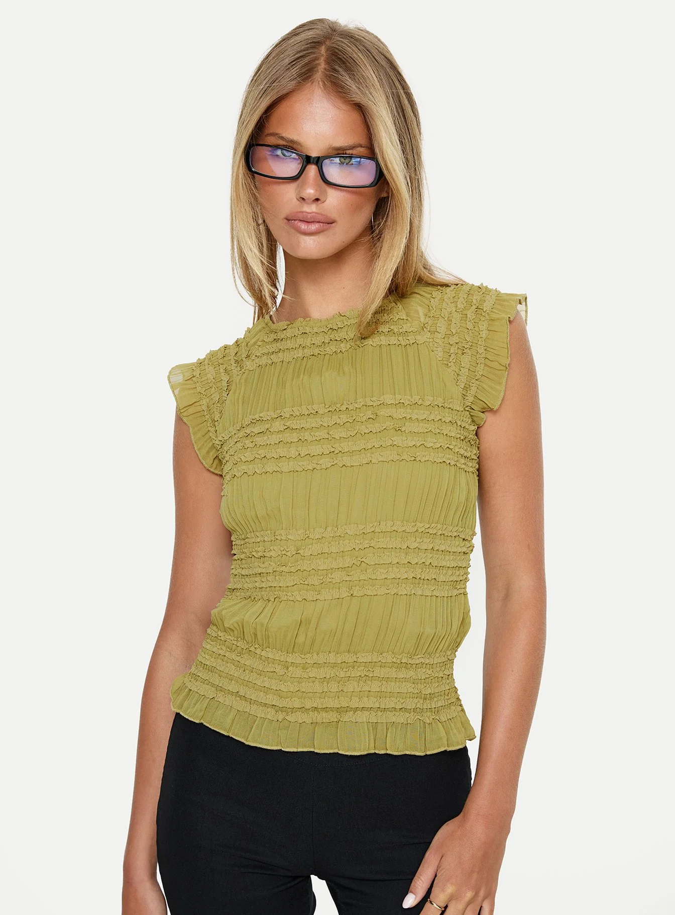 Talyn Cap Sleeve Frill Top Olive