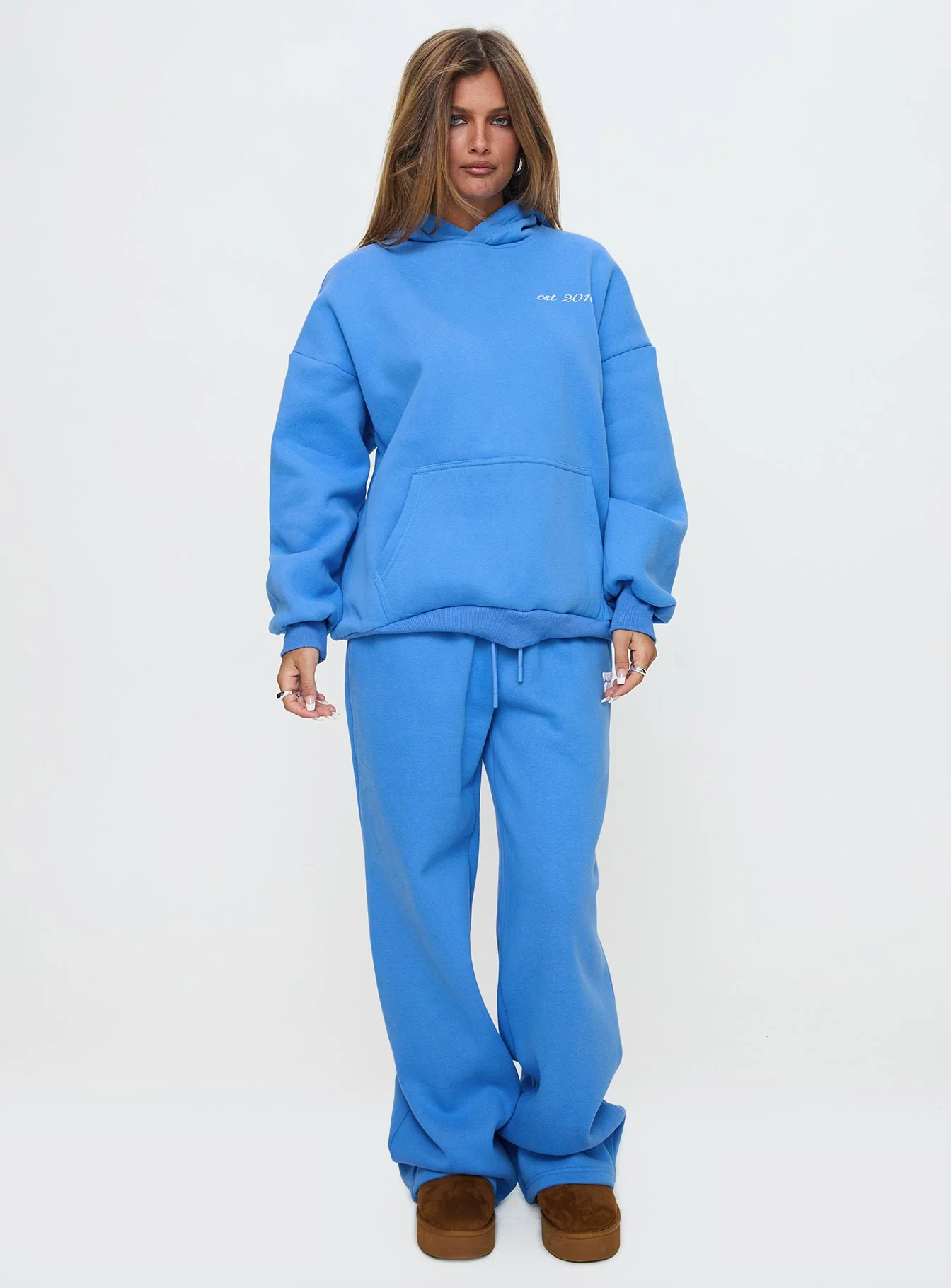 Princess Polly Hooded Sweatshirt Bubble Text Blue / White
