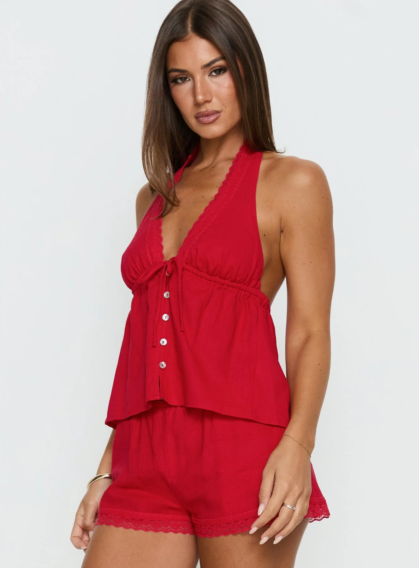 Cloud Crush Linen Halter Top Red
