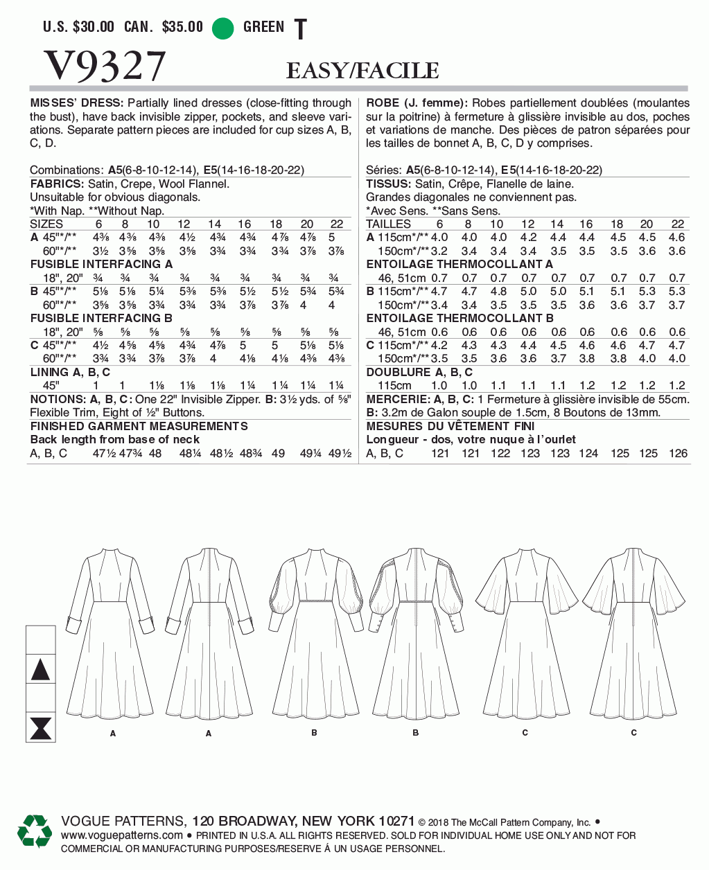 Vogue Pattern V9327 Misses' Dress