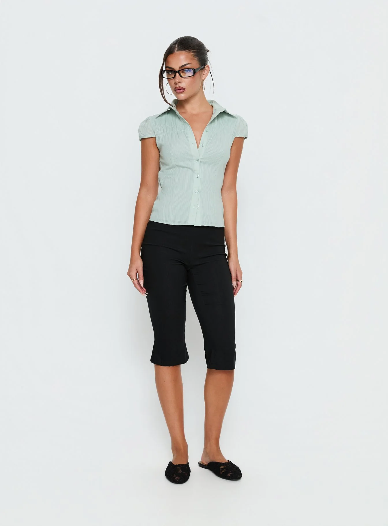 Adulation Ruched Detail Short Sleeve Shirt Green