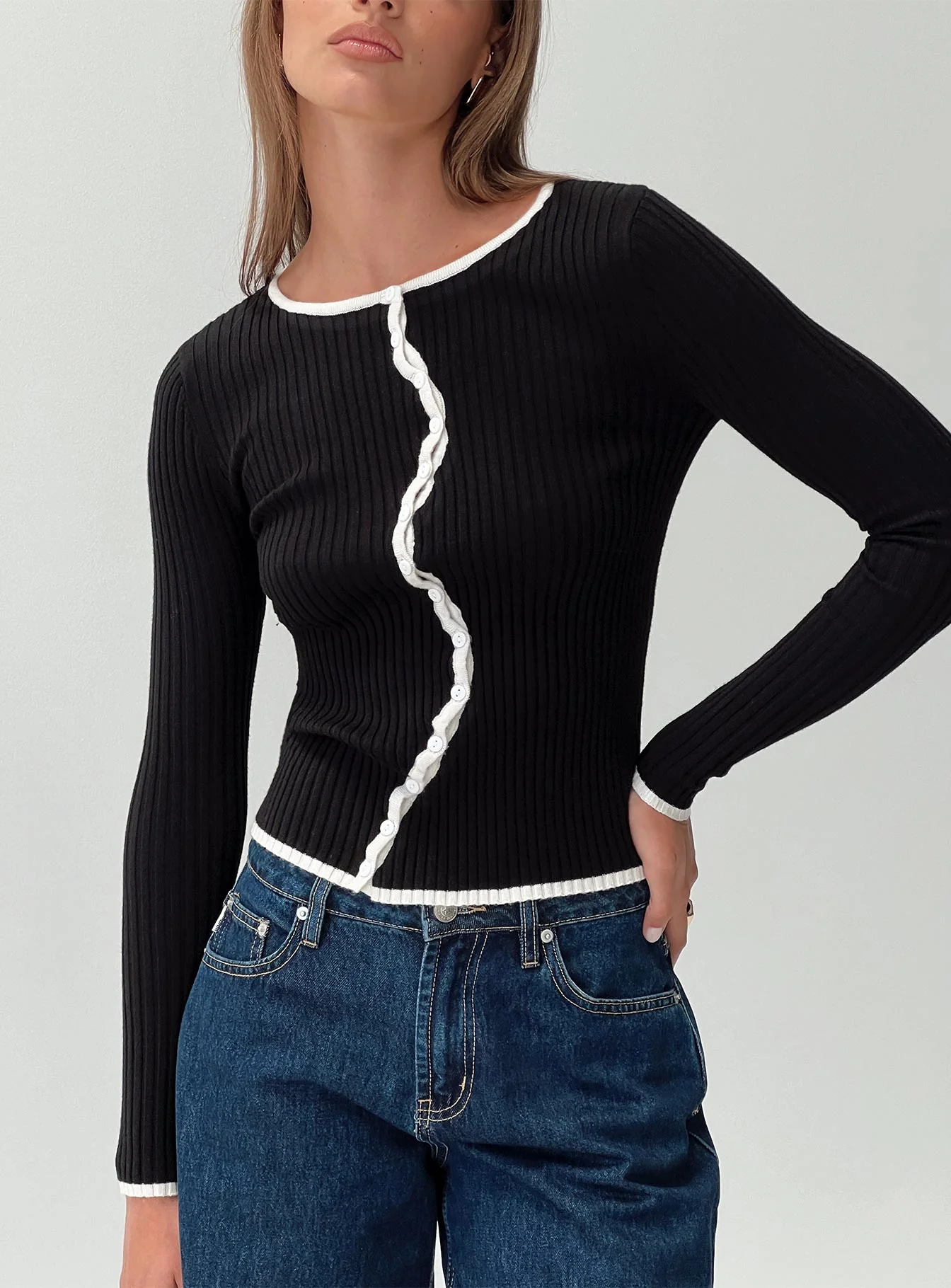 Bring Me Closer Button Up Long Sleeve Top Black / White