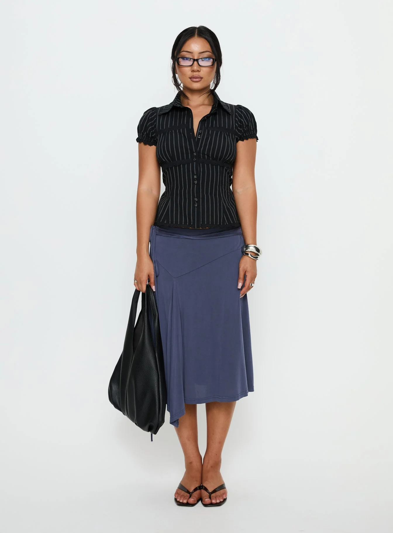 Deserve You Puff Sleeve Button Front Top Black Stripe