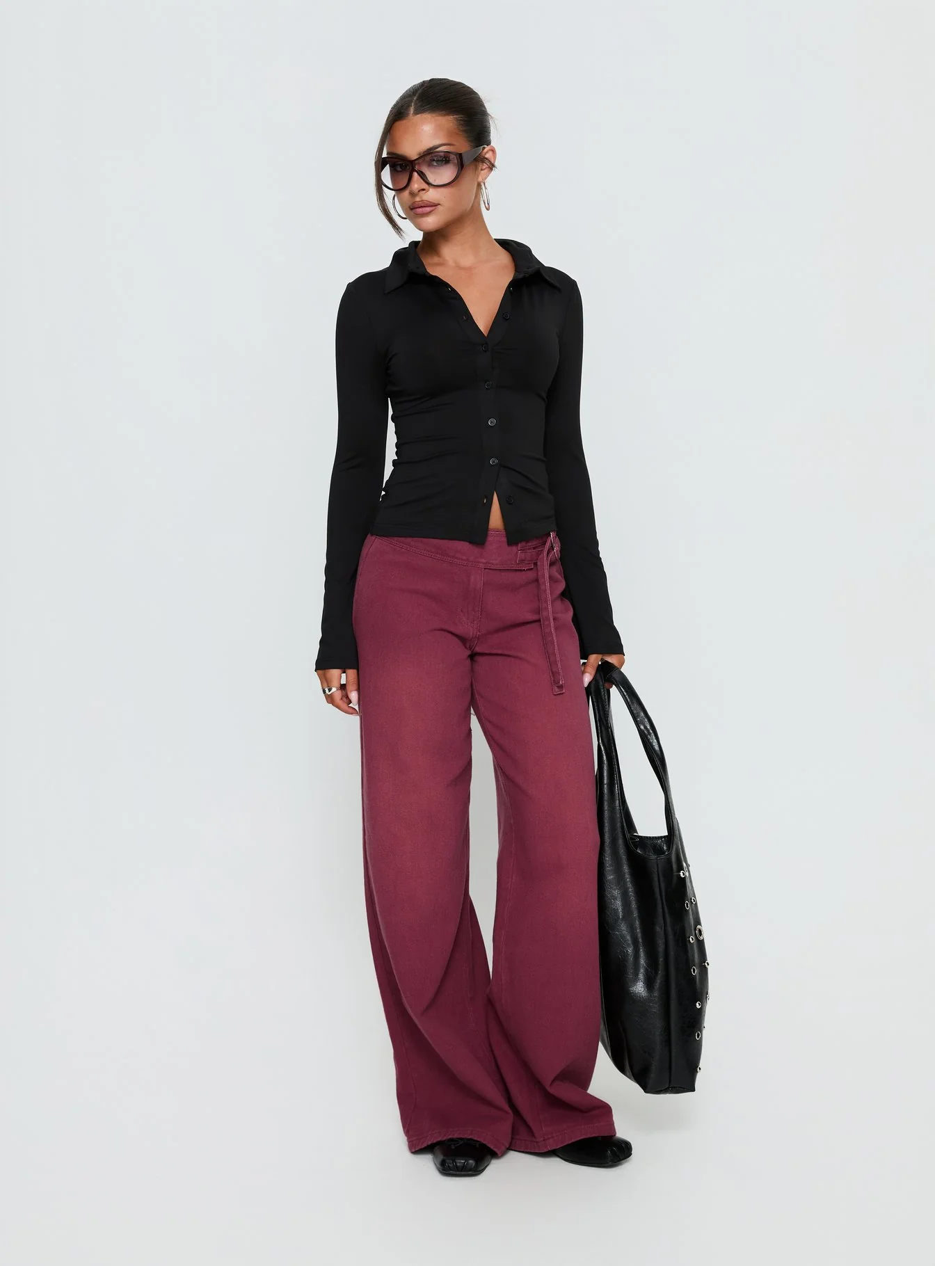 Boxie Mid Rise Wide Leg Jeans Washed Burgundy