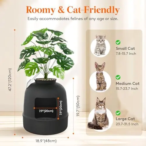Kuweta dla kota Lifewit Hidden Cat Litter Box ze sztuczną rośliną i łopatką | Kontrola zapachu i filtr węglowy | Czarny | Nadaje się do salonu/łazienki