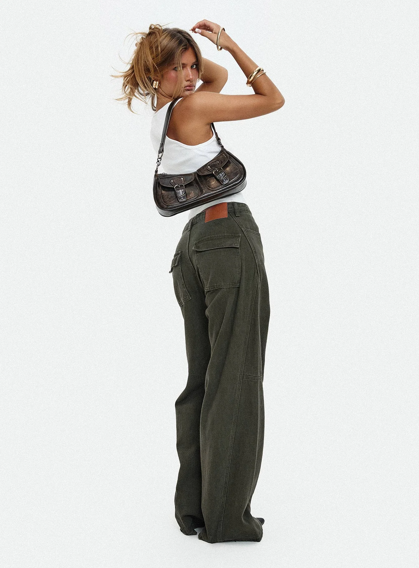 Bruiser Tie Waist Mid Rise Wide Leg Jeans Green Petite