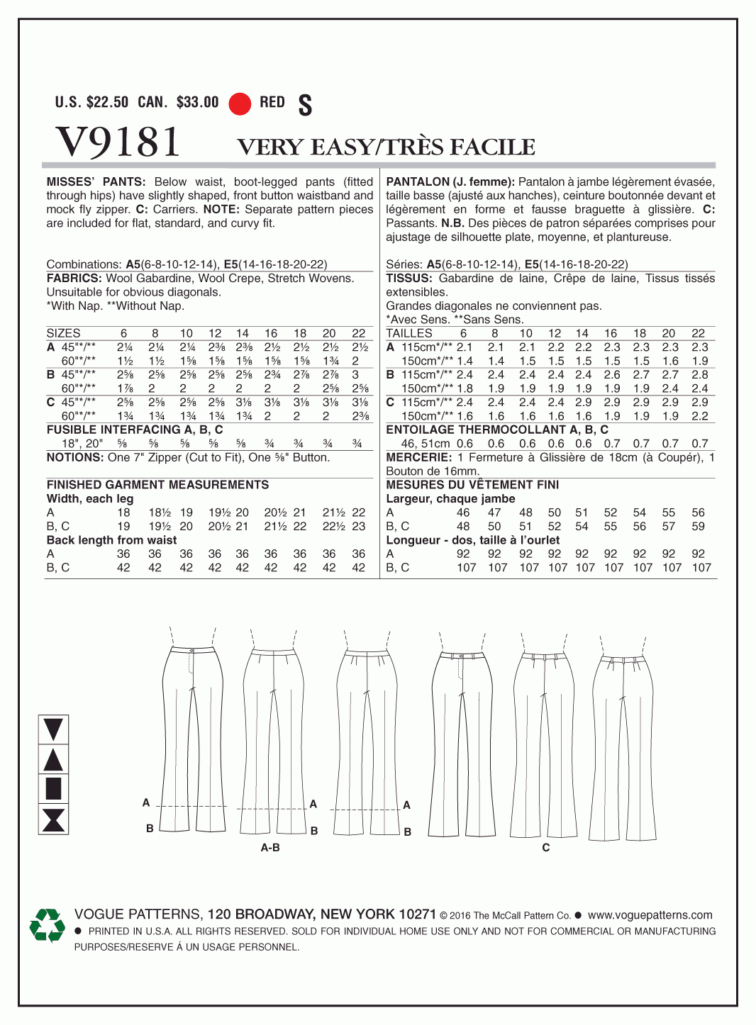 Voguepattern V9181 Misses' Custom-Fit Bootcut Pants