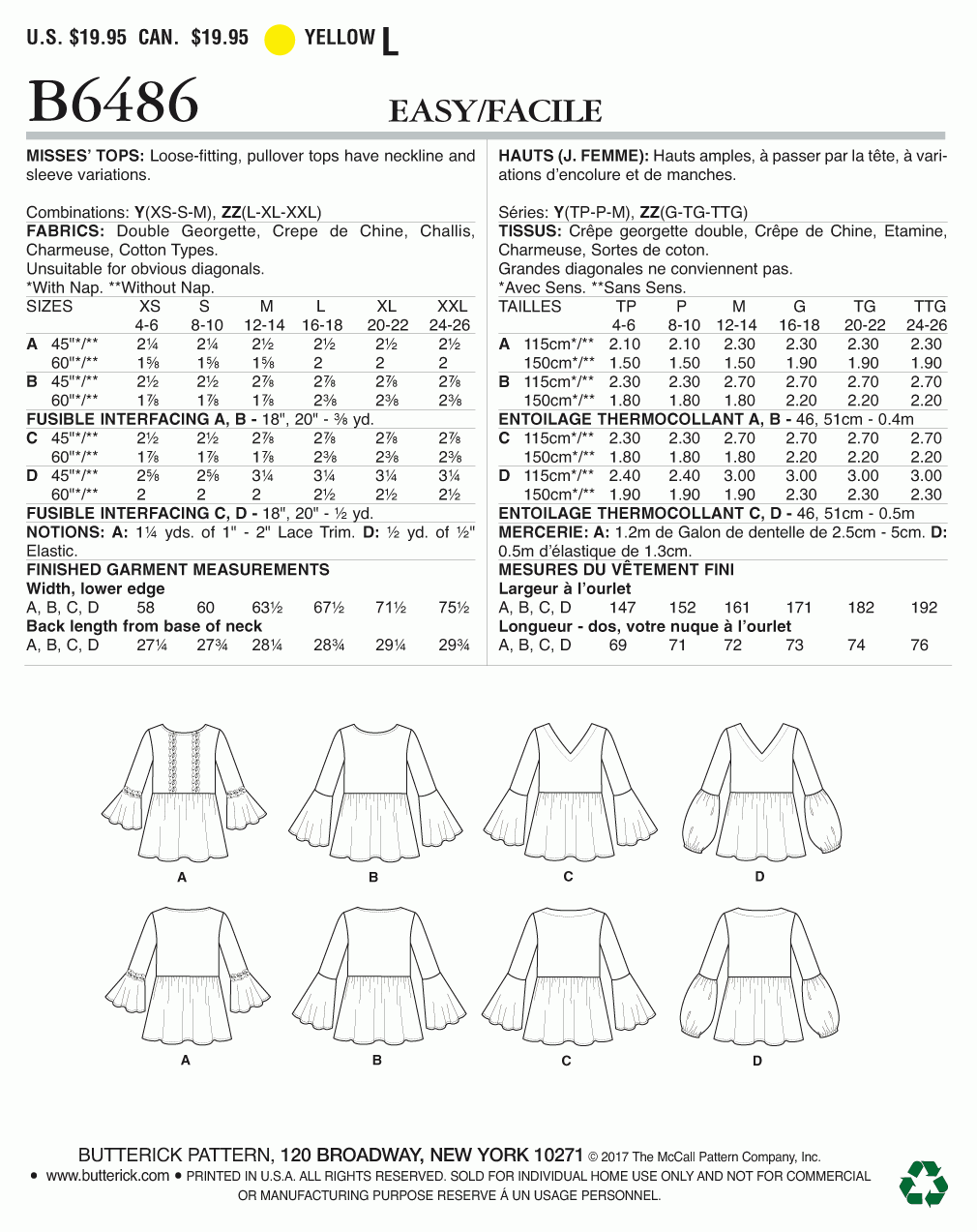 Butterick Pattern B6486 Misses' Loose-Fitting, Gathered Waist Pullover Tops with Bell Sleeves