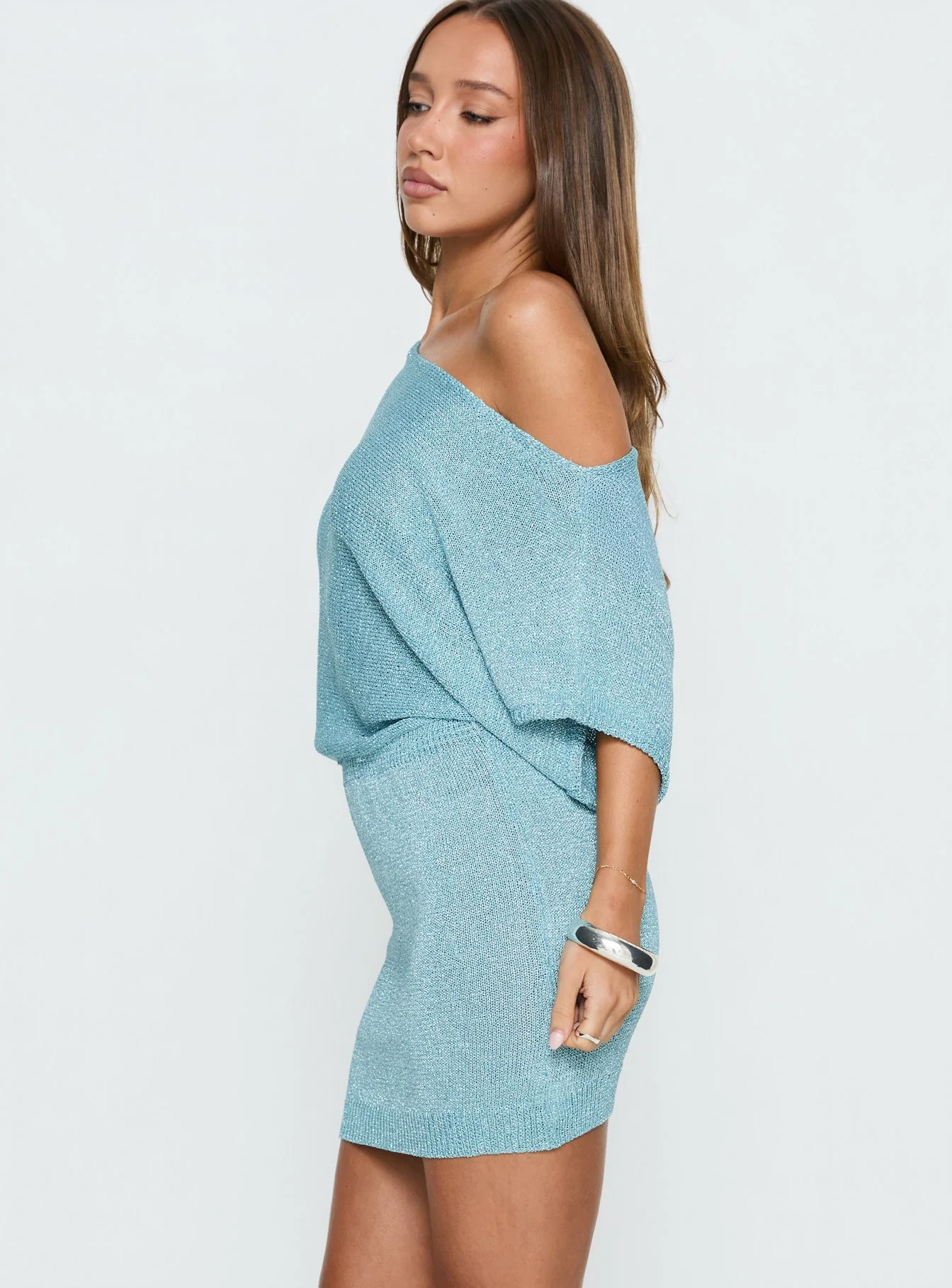 Kysa Off Shoulder Knit Mini Dress Ocean Blue