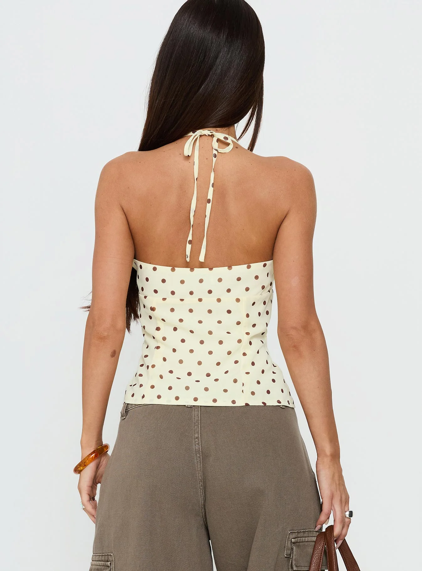 Bon Bon Tie Neck Top Yellow / Brown Polka