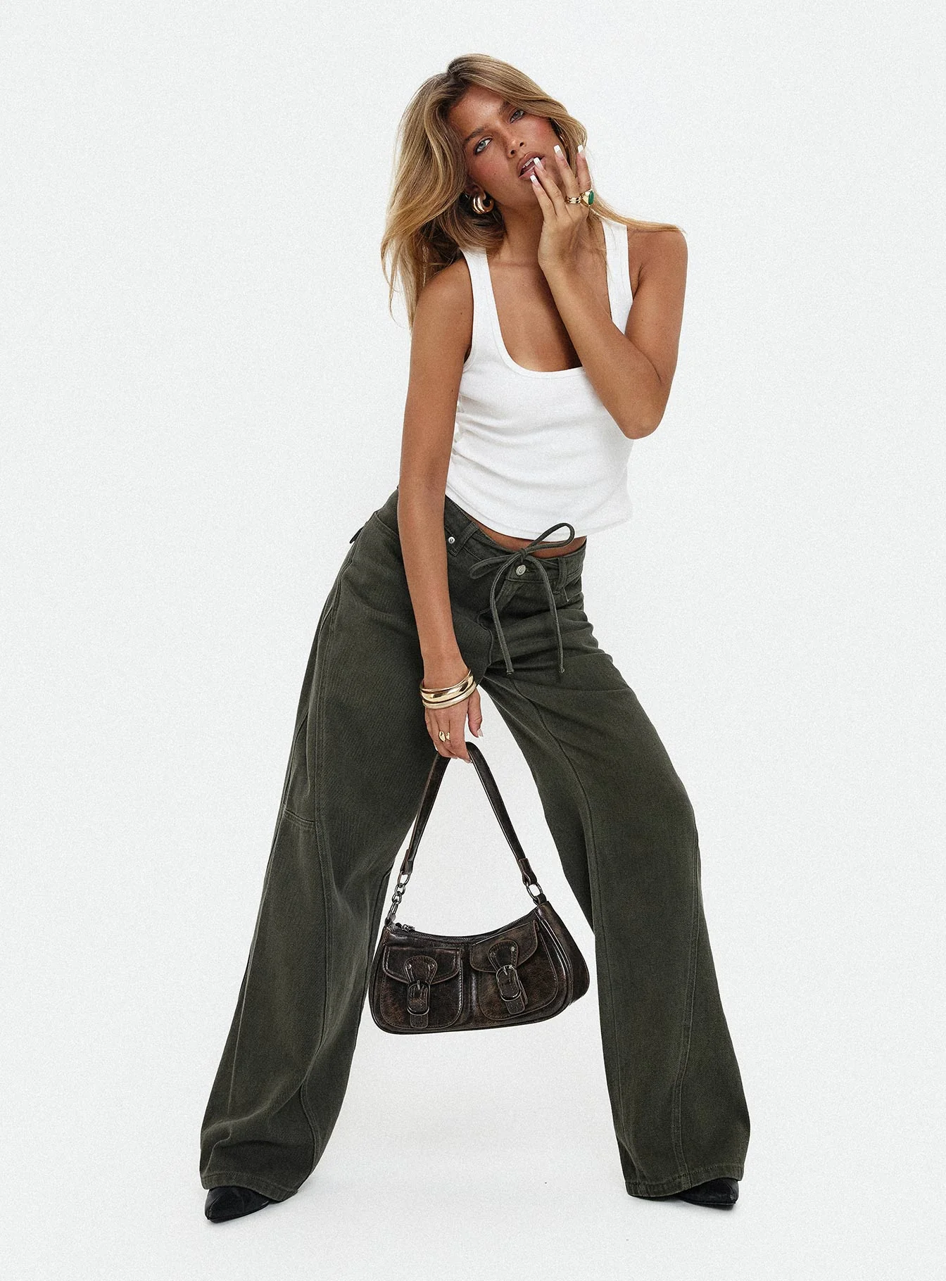 Bruiser Tie Waist Mid Rise Wide Leg Jeans Green Petite